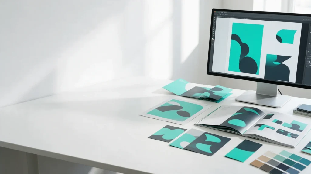 Mesa de designer com materiais impressos