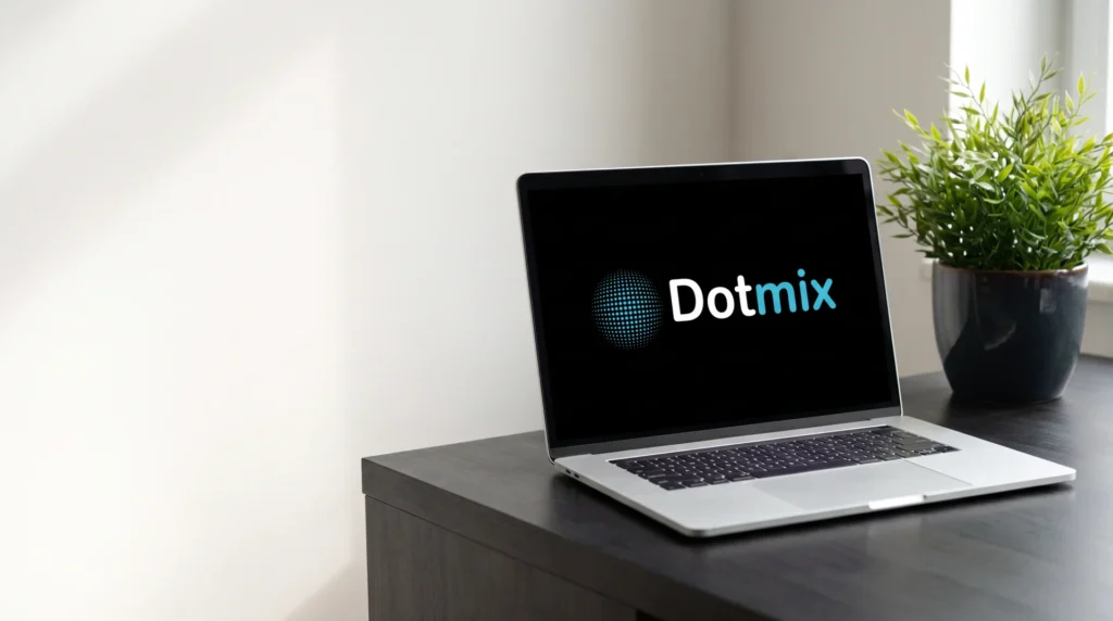 Notebook com o logo Dotmix na tela sobre uma mesa