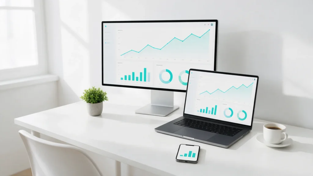 Dashboards de métricas de marketing em monitor e notebook