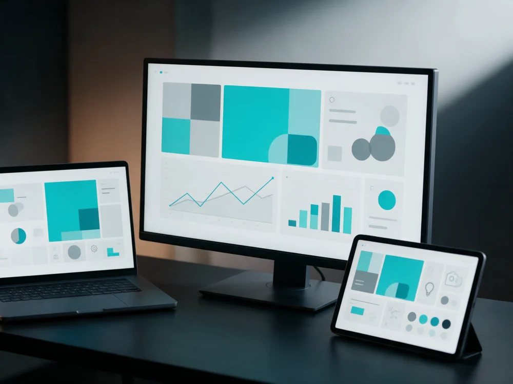 Monitor, notebook e tablet exibindo projetos digitais