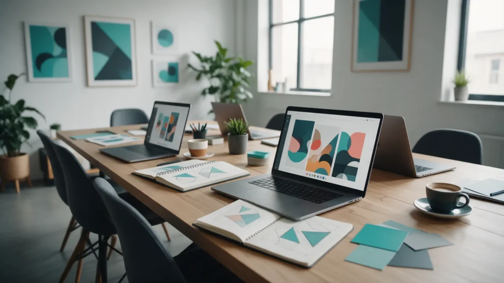 Sala de reunião da agência com notebooks e materiais criativos