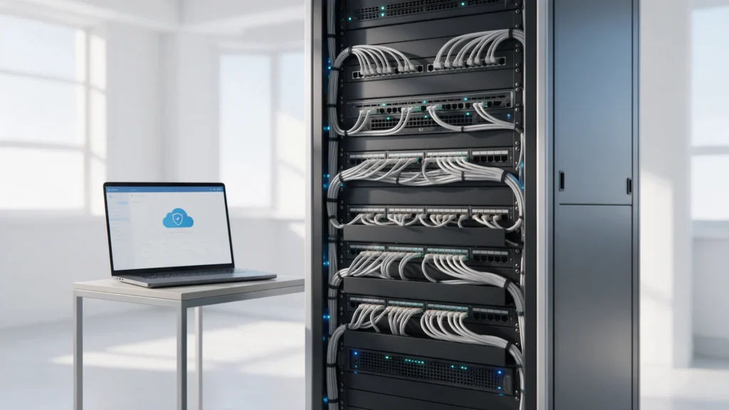 Rack de servidores e notebook com painel de backup em nuvem